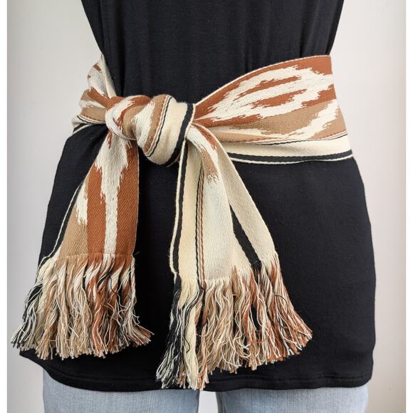 Southwestern Woven Aztec Ikat Fringed Belt Sash Small Cream Brown Boho Western - Picture 4 of 7